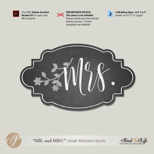 Mr and Mrs Chair Signs, Wedding Chair Signs Template, Printable ...