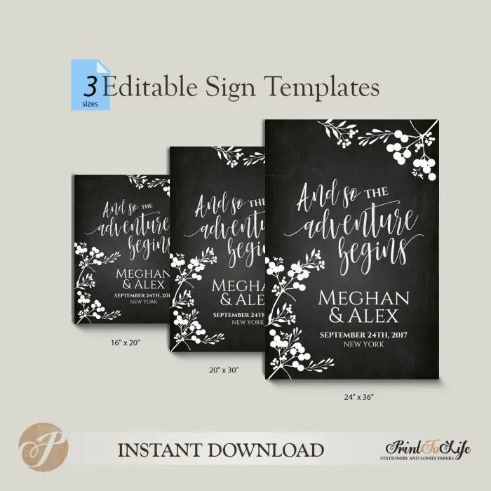 Wedding Welcome Sign, And so the adventure begins, Printable Chalkboard Template. - Image 3