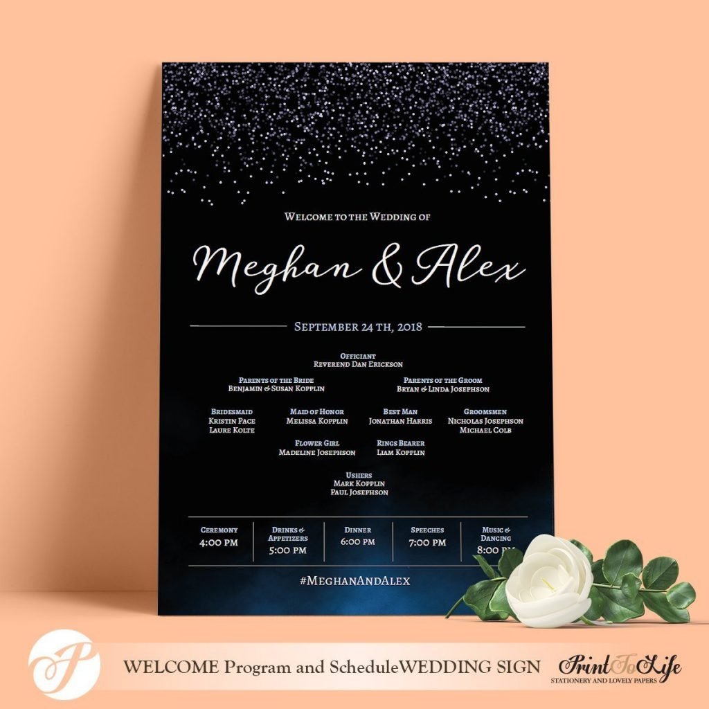 Wedding Program Sign Modern, Dark Blue Watercolor and Glitter effect ...