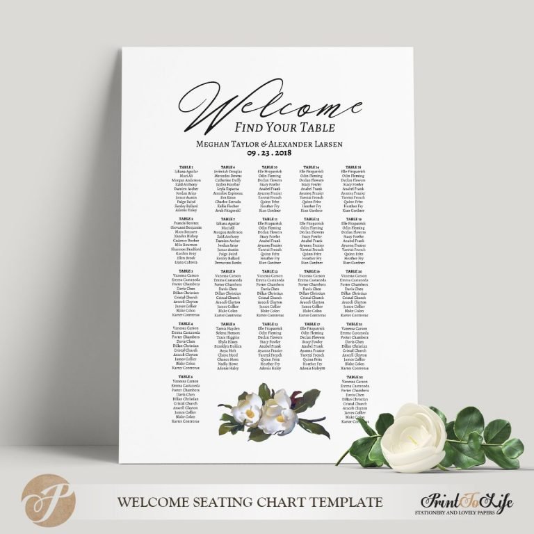 Printable Wedding Seating Chart, Magnolia Seating Chart Template 