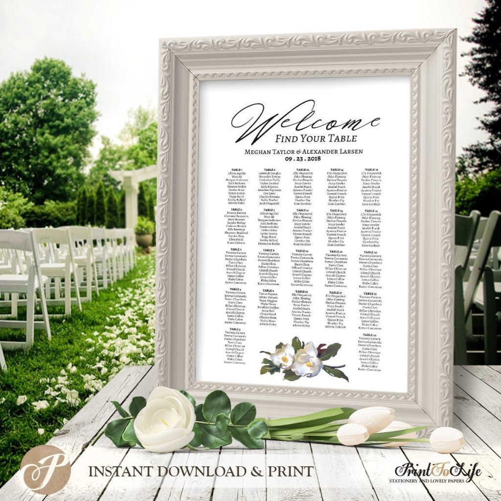 Printable Wedding Seating Chart, Magnolia Seating Chart Template 