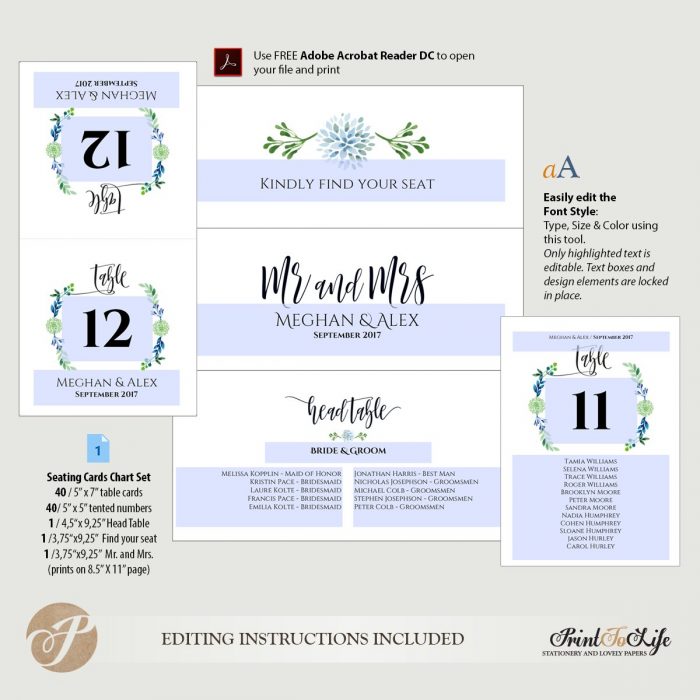 Seating cards chart, wedding seating plan and table numbers, #Greenery Collection 4