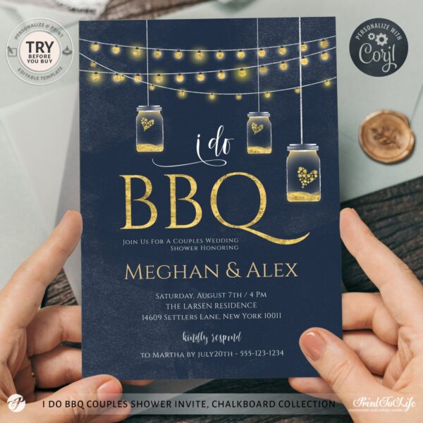 I do BBQ Invitation | Barbecue Wedding Shower Invitation + Thank You Card | Dark Blue Watercolor & Gold Yellow 1