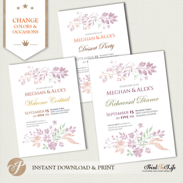 Rehearsal Dinner Invitation, Welcome Cocktail, Dinner Party Invite, Rustic Floral Style. 2