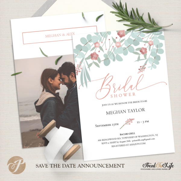 Bridal Shower Invitation, Floral Style with Rose Gold details, Couples Shower Invite with Picture. 2