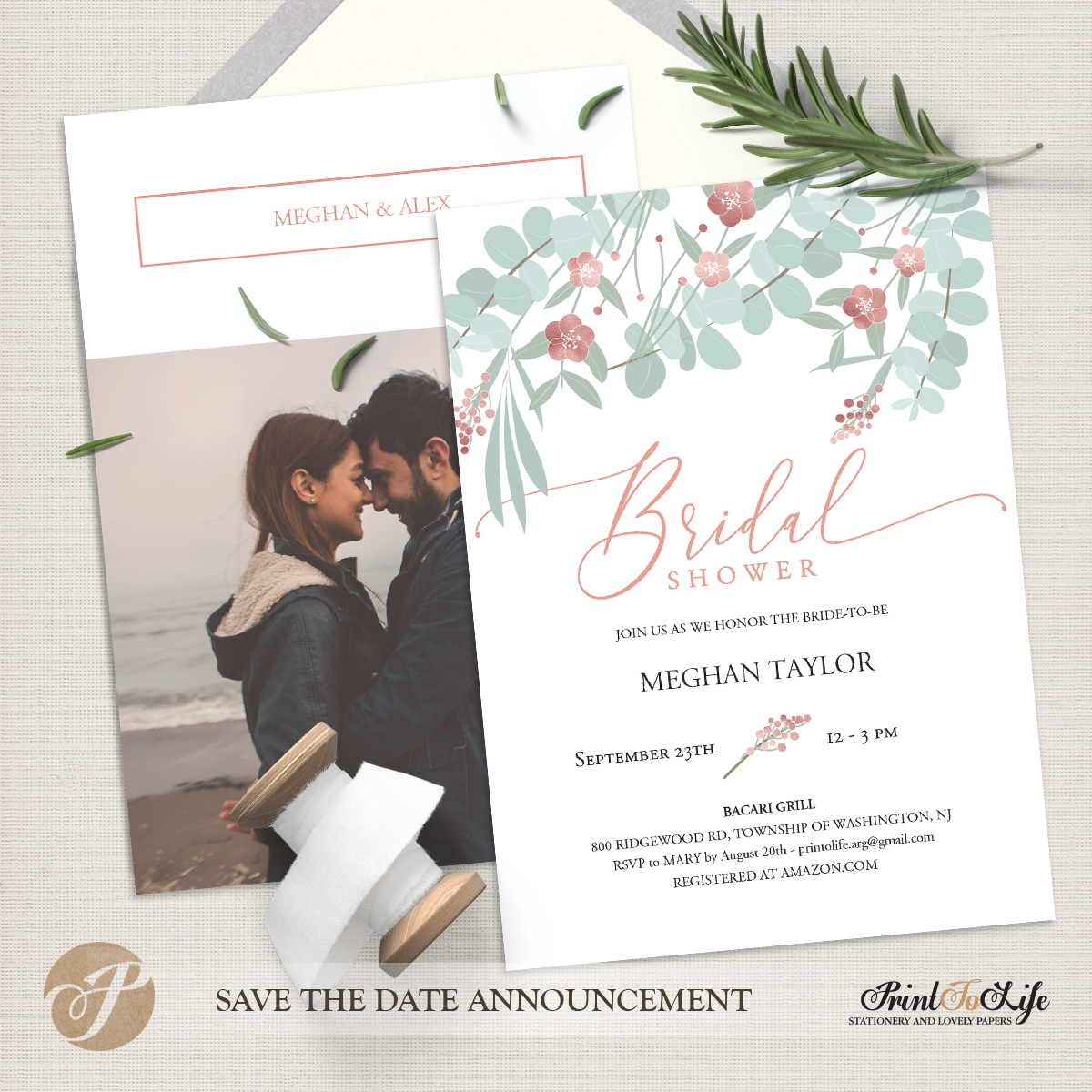 Bridal Shower Invitation, Floral Style with Rose Gold details, Couples Shower Invite with Picture.