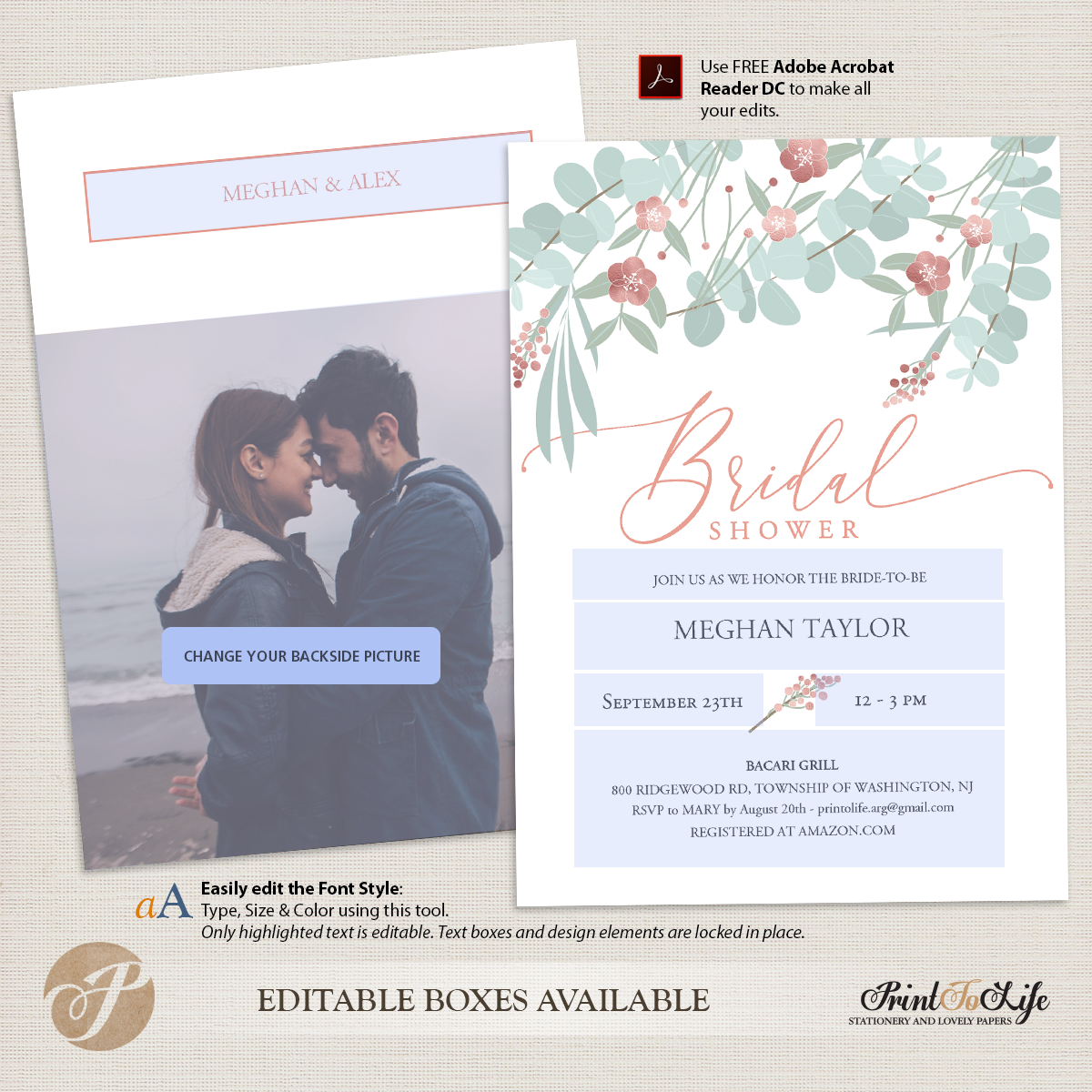 Bridal Shower Invitation, Floral Style with Rose Gold details, Couples Shower Invite with Picture. - Image 5