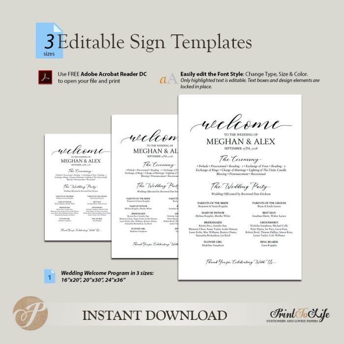 Welcome Wedding Sign and Program , Welcome Ceremony Program in 3 SIZES #MrAndMrs 2