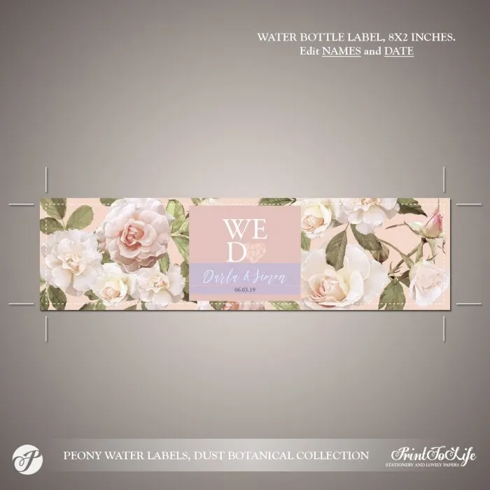 Peony Water Bottle Label Template by Printolife