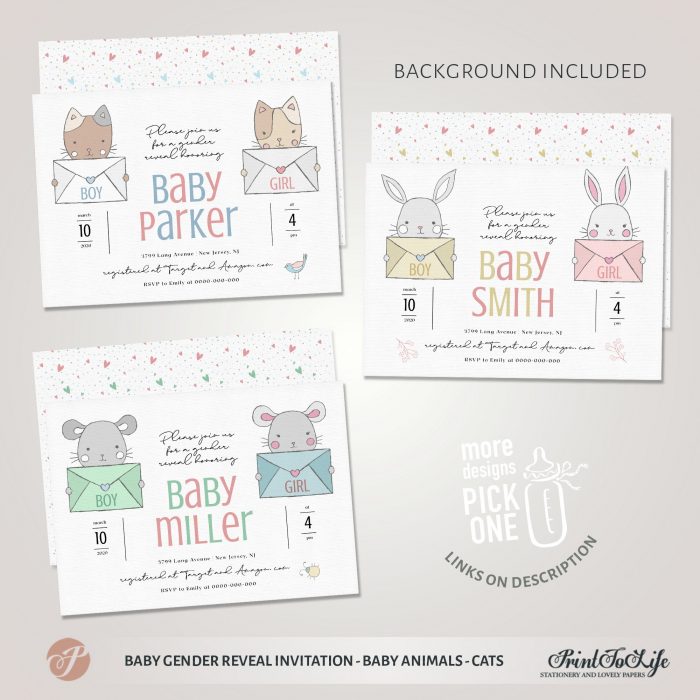 Baby gender reveal Invitation | He or She invite | Boy or Girl Card | Baby Cats 1