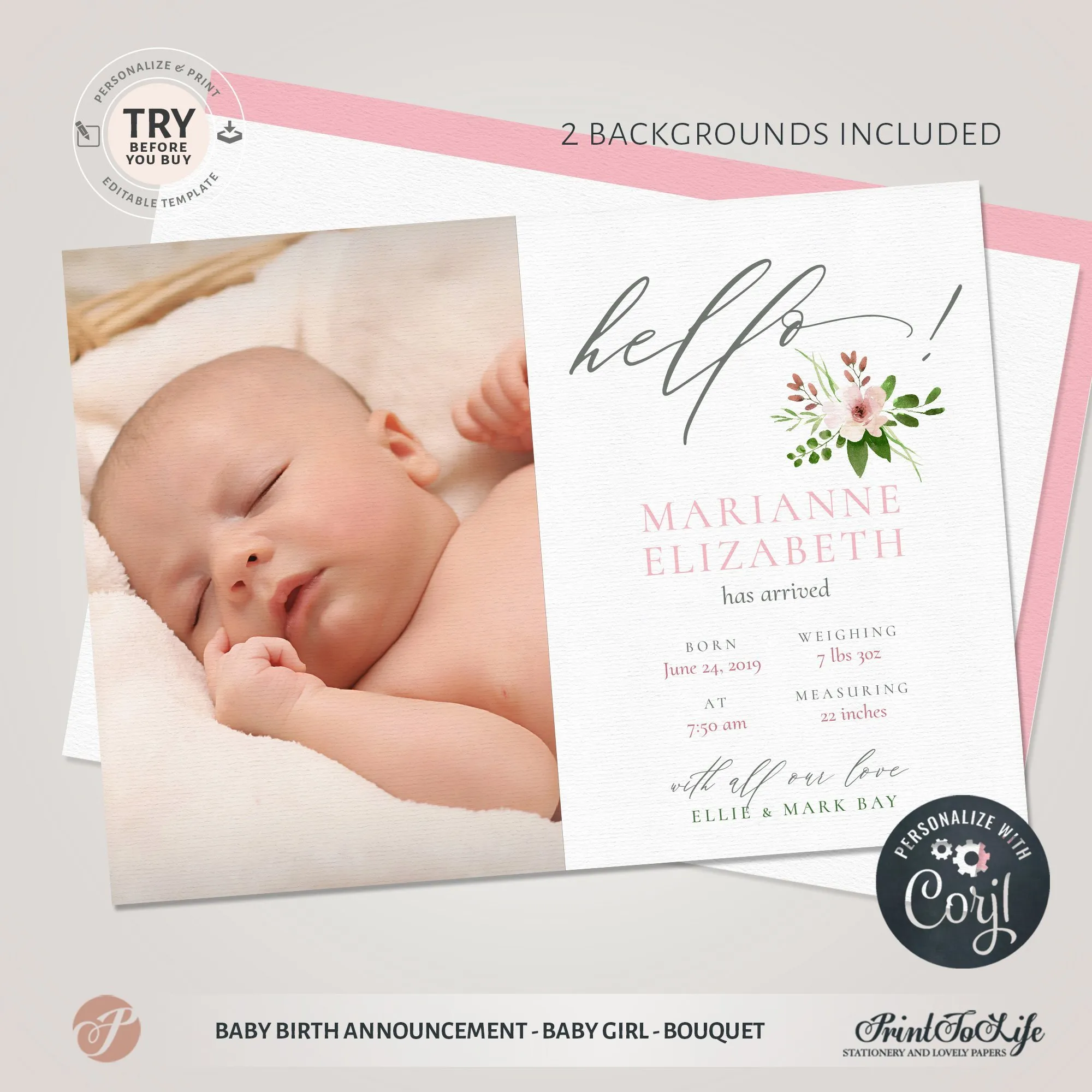 BA121 PRINTED Birth Announcement design - baby girl photo card 2024 - modern style template | transparent overlay script pink inc. ENVELOPES