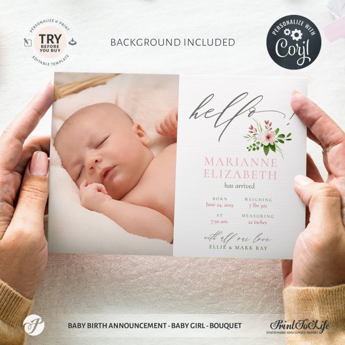 Editable Newborn Card | Baby Birth Announcement Template | Pink bouquet | Editable Baby Girl Cards 1