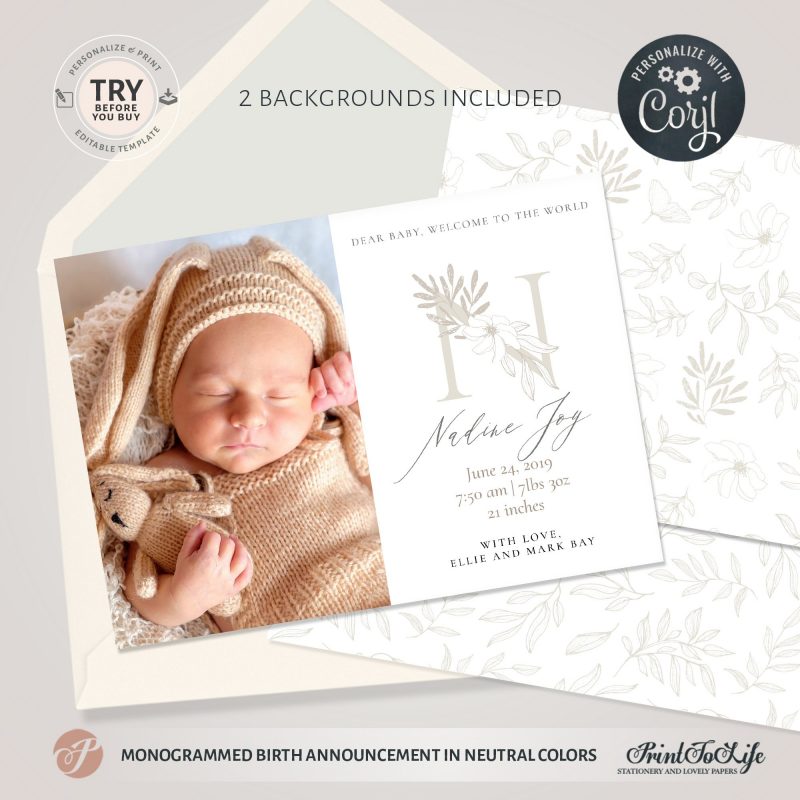 Birth Announcement Template | Monogrammed Birth Announcement - Printolife