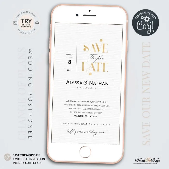 Wedding Date Change, Wedding Postponed Announcement Template, Save the New Date, 1 Mobile invitation 1