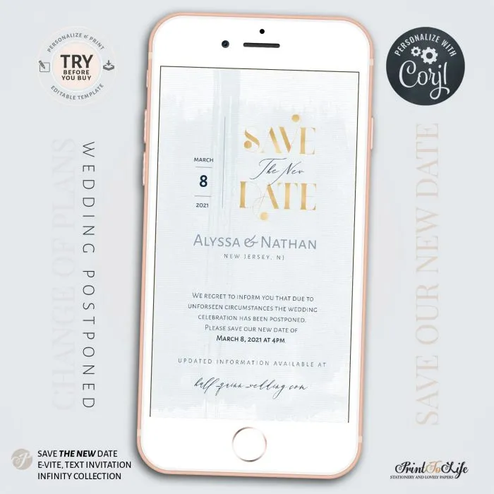 Wedding Date Change, Wedding Postponed Announcement Template, Save the New Date, 1 Mobile invitation 3