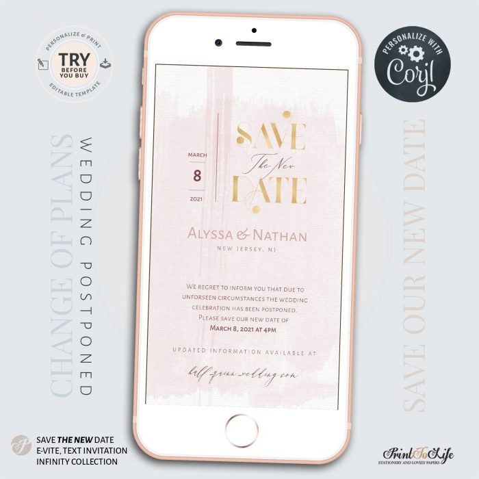 Wedding Date Change, Wedding Postponed Announcement Template, Save the New Date, 1 Mobile invitation 2