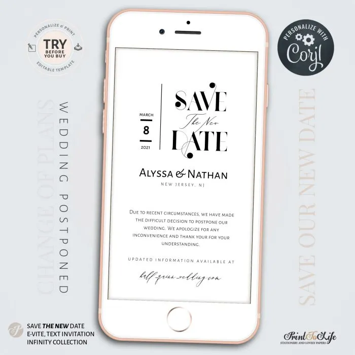 Wedding Postponed Announcement, Save the New Date, Wedding Date Change, 1 Mobile invitation - Image 2