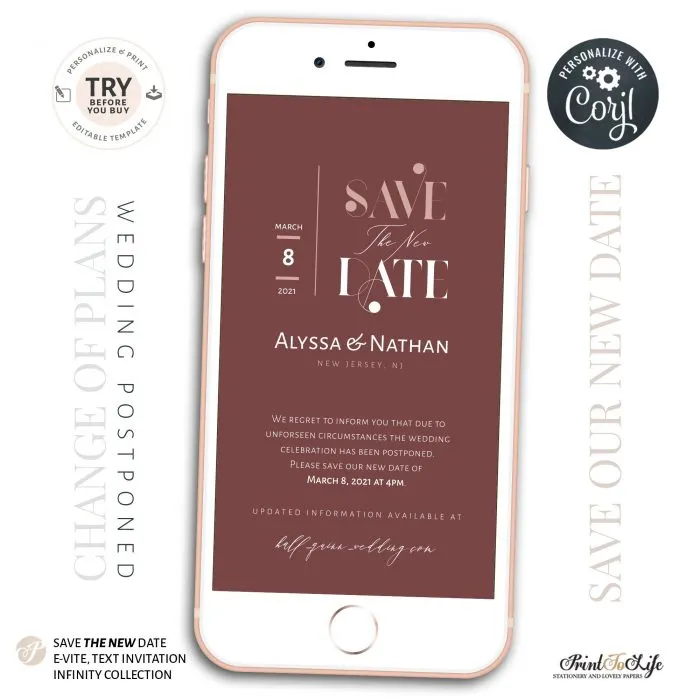 Wedding Postponed Announcement, Save the New Date, Wedding Date Change, 1 Mobile invitation - Image 3