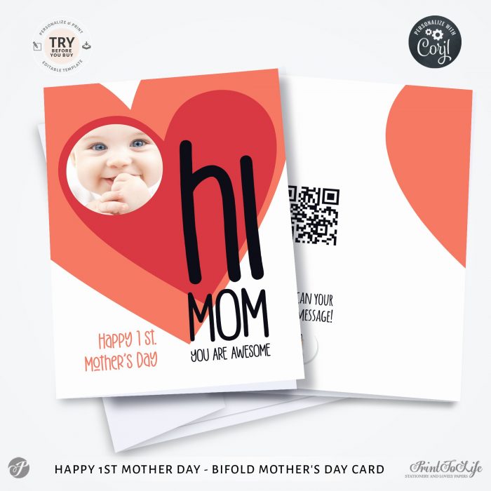 Personalized 1st Mothers Day Card, Bifold Baby Photo card, Hi Mom you are awesome + QR code 1