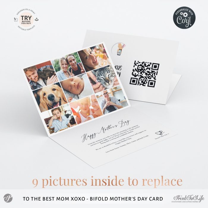 Personalized Mother's Day Card, Bifold Mum Photo card, Printable Photo Template, 4 Layouts + QR code message 3