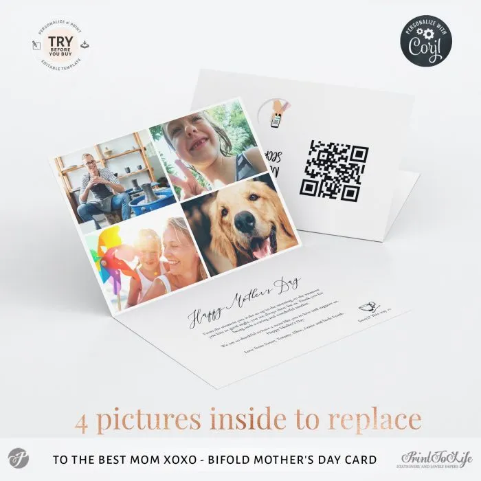 Personalized Mother's Day Card, Bifold Mum Photo card, Printable Photo Template, 4 Layouts + QR code message - Image 4