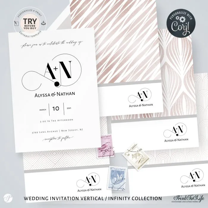 Infinity Wedding Monogram and Invitation Suite, 1 Logo Made to order +  Editable Set of 5 templates, Infinity Collection - Printolife