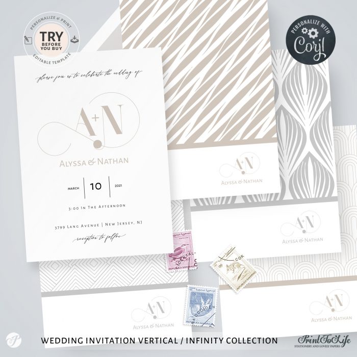 Infinity Wedding Monogram and Invitation Suite, 1 Logo Made to order + Editable Set of 5 templates, Infinity Collection 2
