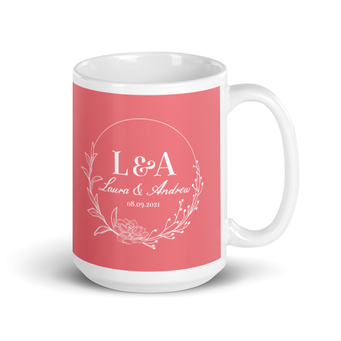 Monogrammed Pink Wedding Mug | Personalized Gift | 1 Custom Mug 11-15oz | Rustic floral style 02 2