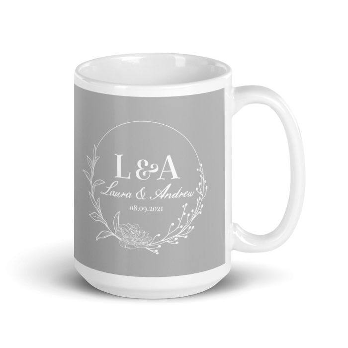 Monogrammed Light Gray Wedding Mug, Personalized Gift, 1 Custom Mug 11-15oz, Rustic floral style 02 2