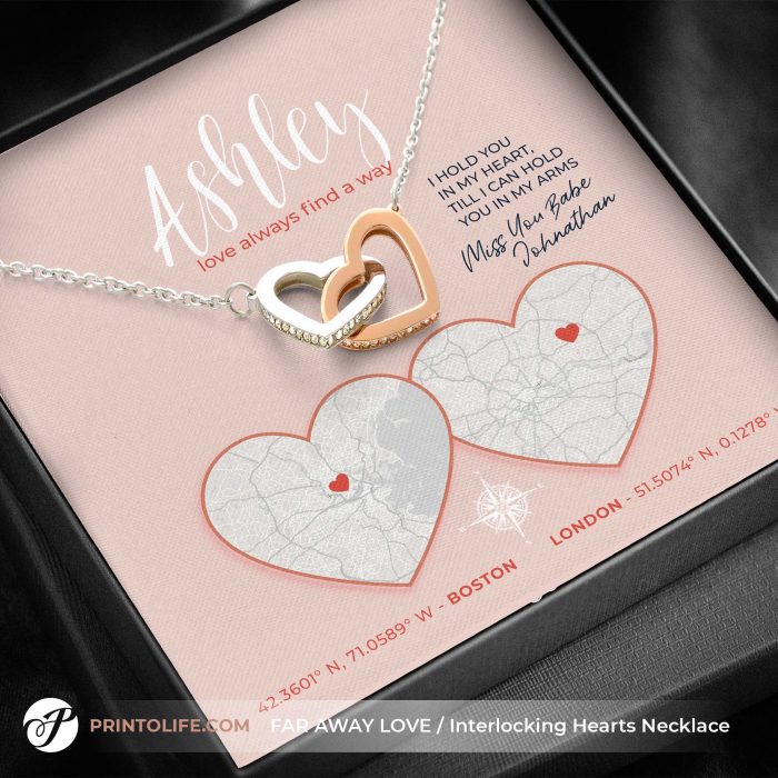 Long distance relationship gifts, Personalized Hearts Maps, 1 Interlocked Hearts Necklace 4