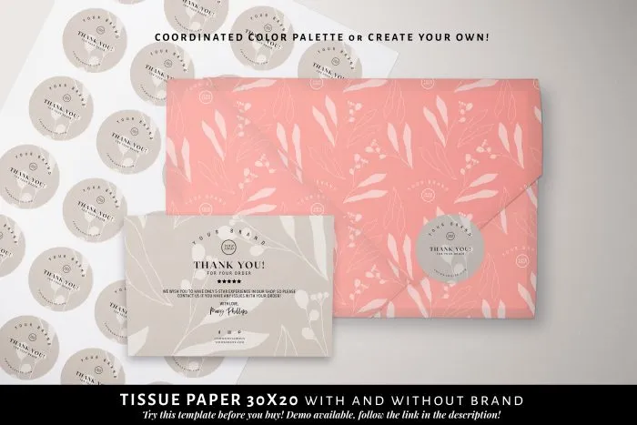 Branded Packaging Template Bundle, Delicate Botanical with 2 coordinated cards, 2 tissue papers and 4 box labels - Image 4