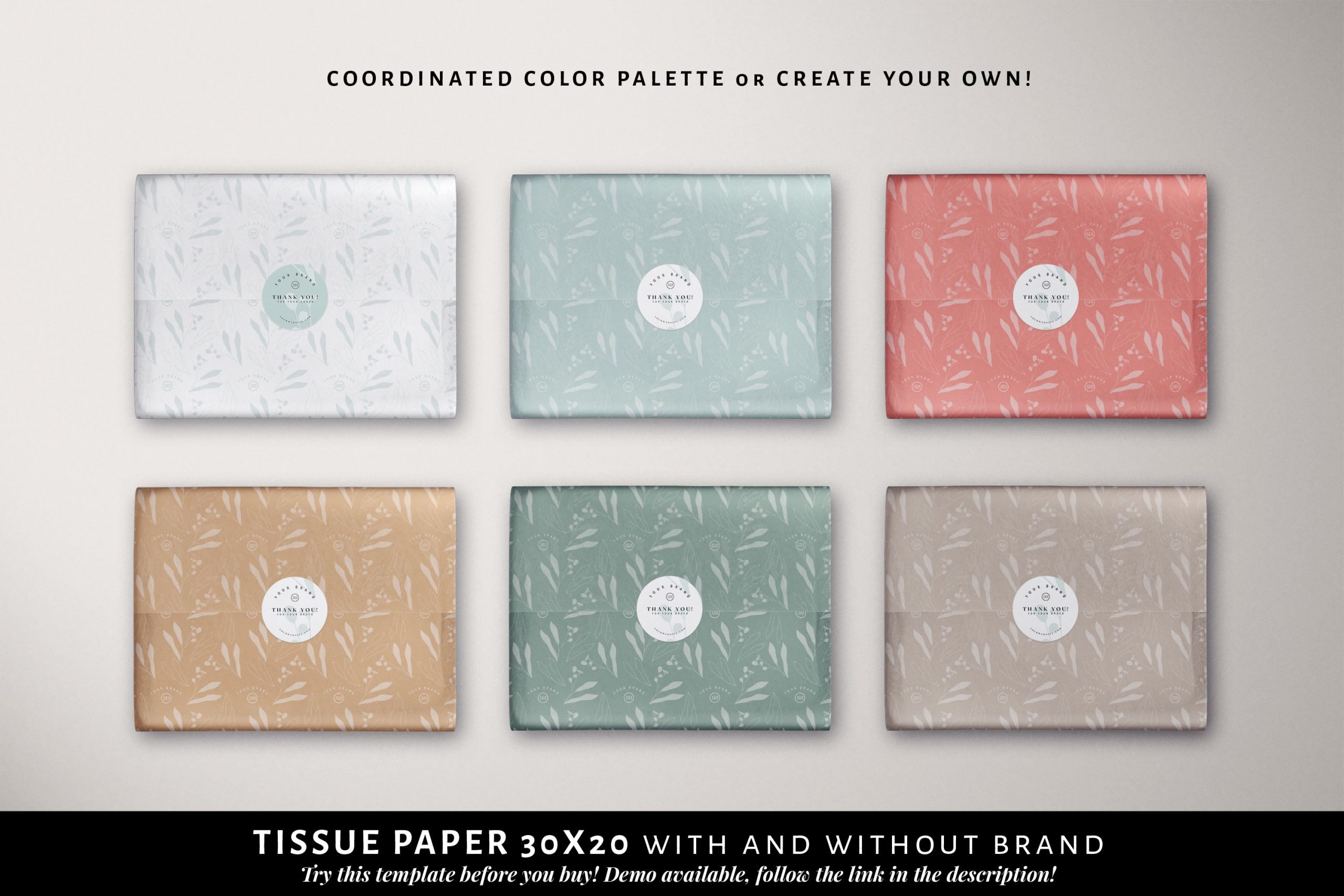 Branded Packaging Template Bundle, Delicate Botanical with 2 coordinated  cards, 2 tissue papers and 4 box labels - Printolife