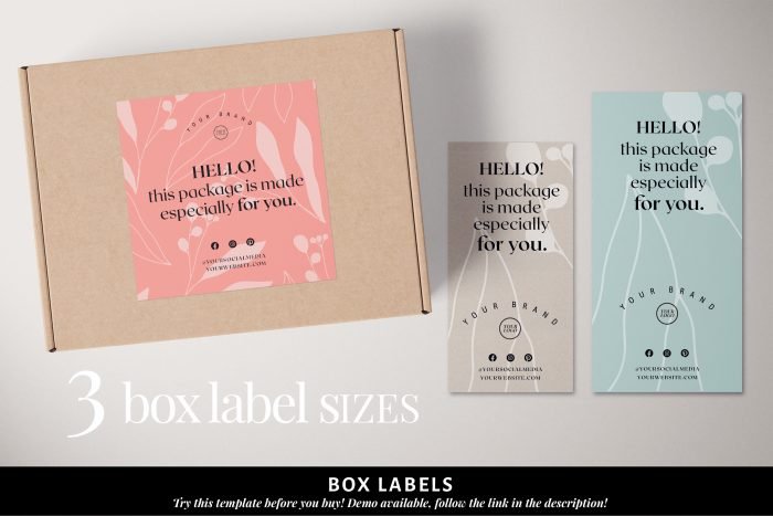 Branded Packaging Template Bundle, Delicate Botanical with 2 coordinated cards, 2 tissue papers and 4 box labels 1