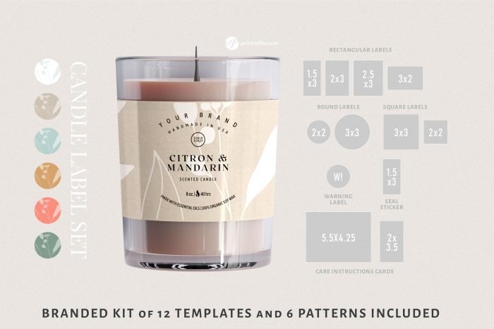 Candle Label Templates, Botanical Printable Candle Packaging Bundle, 12 Soy wax candle labels 1
