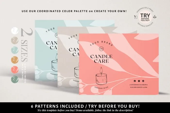 Candle Care Card Template, Candle Care Guide, Candle Safety Card, 2 Editable Insert Cards, 6 colors 1