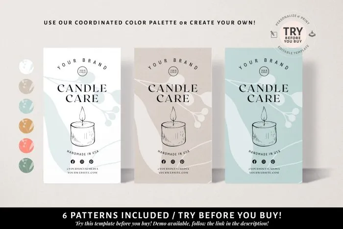 Candle Care Card Template, Candle Care Guide, Candle Safety Card, 2 Editable Insert Cards, 6 colors 3