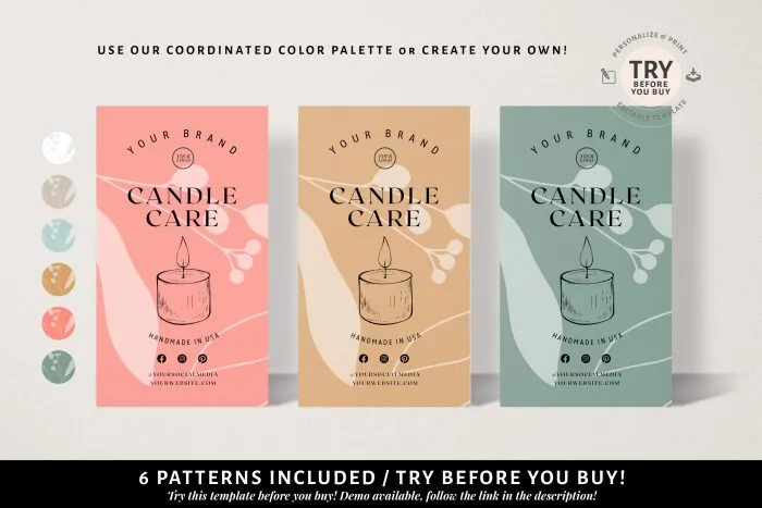 Candle Care Card Template, Candle Care Guide, Candle Safety Card, 2 Editable Insert Cards, 6 colors 4