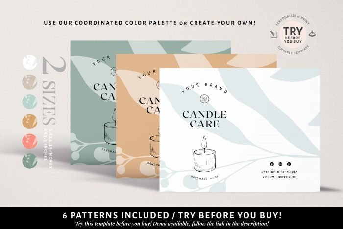 Candle Care Card Template, Candle Care Guide, Candle Safety Card, 2 Editable Insert Cards, 6 colors 2