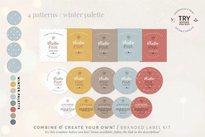 Christmas Candles Labels Set, Printable Candle Packaging Bundle, 7 label templates, 4 patterns 3