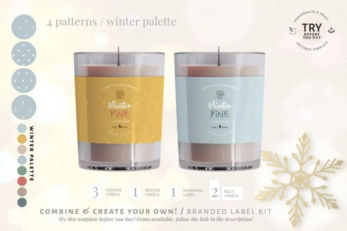 Christmas Candles Labels Set, Printable Candle Packaging Bundle, 7 label templates, 4 patterns 4