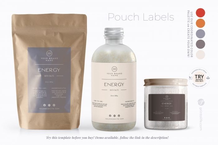 Editable Pouch Label Template, 5 Doypack Bath Salt Labels, Apothecary Style 1