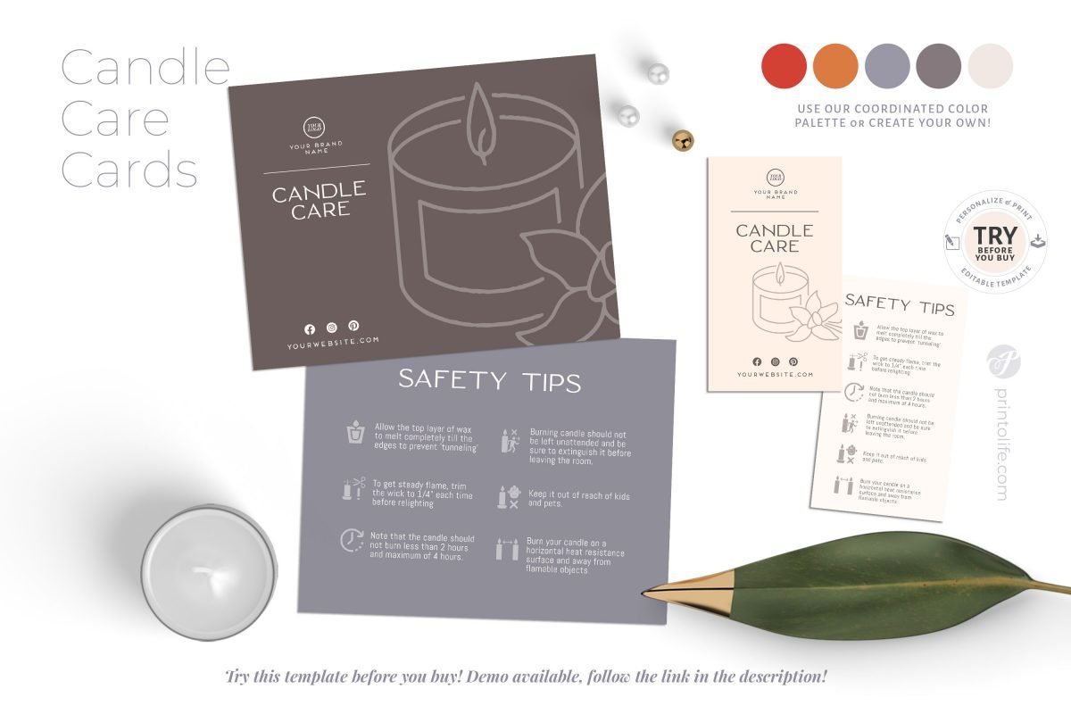 Candle Care Cards, Candle Care Tips, Apothecary style, 2 Editable